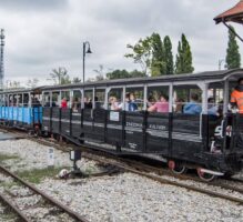 Zdjęcie ilustruje przejazdy koleją wąskotorową w Pleszewie - dzieci w wagonie