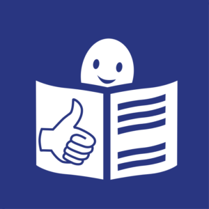 Grafika przedstawia międzynarodowe oznaczenie graficzne tekstu łatwego do czytania - na niebieskim tle umieszczono grafikę - ikonę: książka, uśmiech oraz kciuk podniesiony do góry