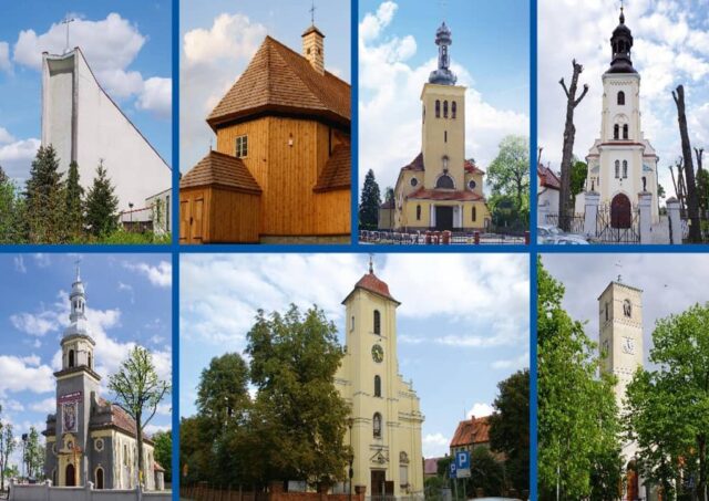 Grafika przedstawia małe fotografie 7 kościołów powiatu pleszewskiego w których to kościołach odbywać się będą koncerty z cyklu "Muzyka w Kościelnej Nawie". Fotografie są kolorowe i oddzielone od siebie niebieskiego koloru ramkami.